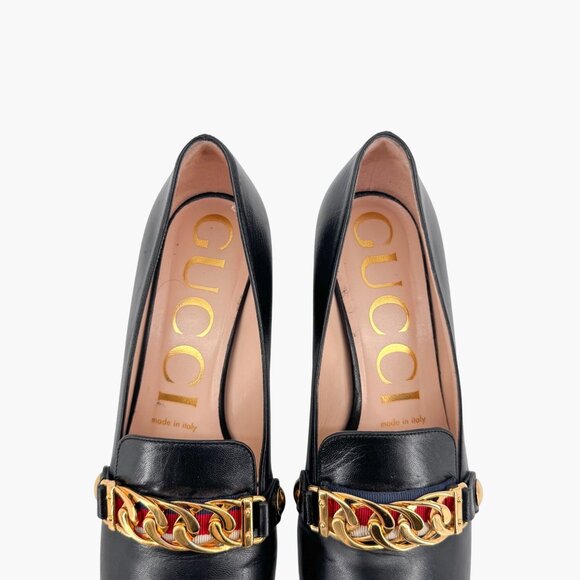Gucci Sylvie Black Leather Chain Web Stripe Block Heel Pumps Shoes Size 37 US 7 - Picture 5 of 15